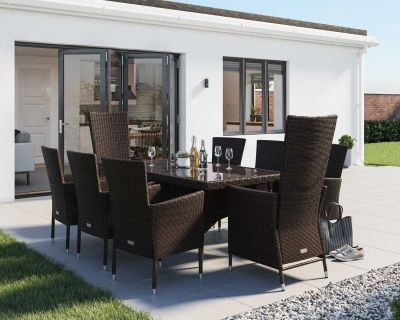 Cambridge 2 Reclining + 6 Non-Reclining Rattan Garden Chairs and Rectangular Dining Table Set in Chocolate and Cream