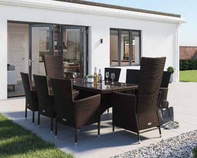 Cambridge 2 Reclining + 6 Non-Reclining Rattan Garden Chairs and Rectangular Table Set in Chocolate and Cream