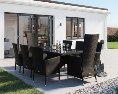 Cambridge 2 Reclining + 6 Non-Reclining Rattan Garden Chairs and Rectangular Table Set in Black and Vanilla