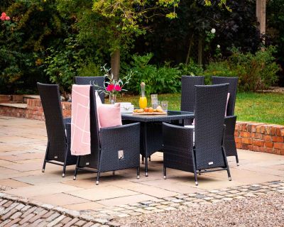 Cambridge 6 Reclining Chairs and Small Rectangular Dining Table Set in Black and Vanilla