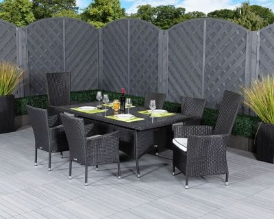 Cambridge 2 Reclining + 4 Non-Reclining Rattan Garden Chairs and Small Rectangular Table Set in Black and Vanilla