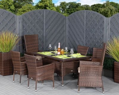 Cambridge 2 Reclining + 4 Non-Reclining Rattan Garden Chairs and Small Rectangular Dining Table Set in Chocolate and Cream
