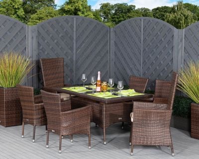 Cambridge 2 Reclining + 4 Non-Reclining Rattan Garden Chairs and Small Rectangular Table Set in Chocolate and Cream