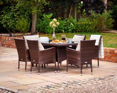 Cambridge 6 Rattan Garden Chairs and Small Rectangular Dining Table Set in Chocolate and Cream