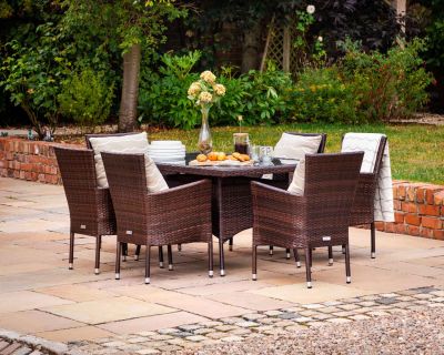 Cambridge 6 Rattan Garden Chairs and Small Rectangular Table Set in Chocolate and Cream