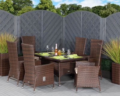 Cambridge 6 Reclining Rattan Garden Chairs and Small Rectangular Dining Table Set in Chocolate and Cream