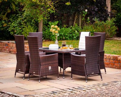 Cambridge 6 Reclining Rattan Garden Chairs and Small Rectangular Table Set in Chocolate and Cream