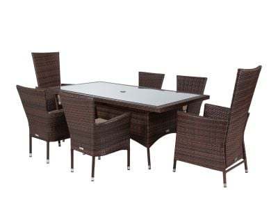 Cambridge 2 Reclining + 4 Non-Reclining Rattan Garden Chairs and Rectangular Dining Table Set in Chocolate and Cream