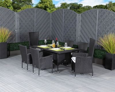 Cambridge 2 Reclining + 4 Non-Reclining Rattan Garden Chairs and Rectangular Table Set in Black and Vanilla