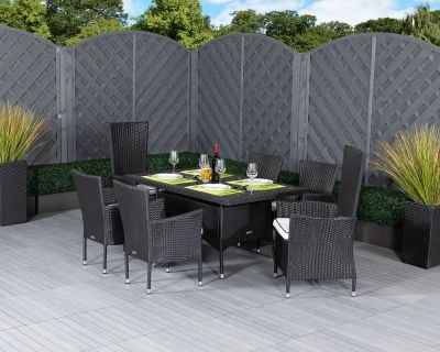 Cambridge 2 Reclining + 4 Non-Reclining Rattan Garden Chairs and Rectangular Dining Table Set in Black and Vanilla
