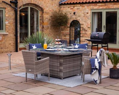 Cambridge 4 Rattan Garden Chairs and Square Fire Pit Dining Table in Grey