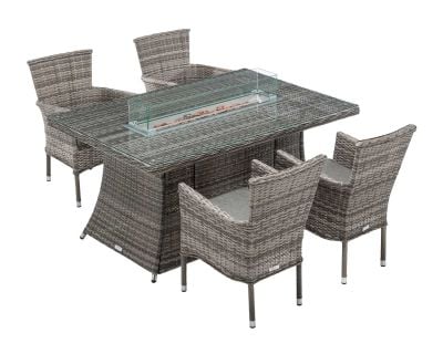 Cambridge 4 Rattan Garden Chairs and Rectangular Fire Pit Dining Table in Grey