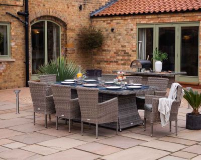 Cambridge 8 Rattan Garden Chairs and Large Rectangular Fire Pit Dining Table in Grey