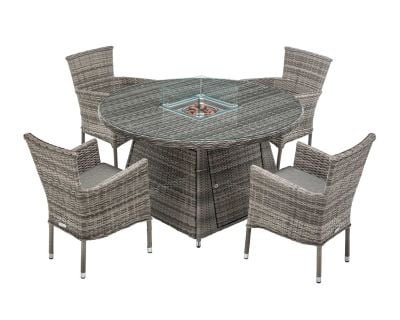 Cambridge 4 Rattan Garden Chairs and Round Fire Pit Dining Table in Grey