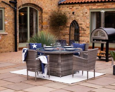 Cambridge 4 Rattan Garden Chairs and Round Fire Pit Dining Table in Grey