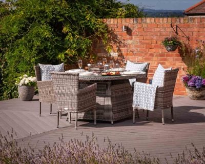 Cambridge 4 Rattan Garden Chairs and Round Fire Pit Dining Table in Grey