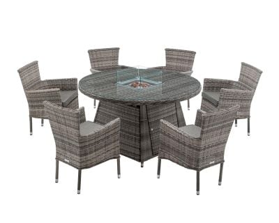 Cambridge 6 Rattan Garden Chairs and Round Fire Pit Dining Table in Grey