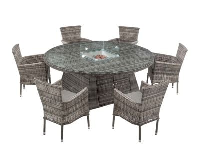 Cambridge 6 Rattan Garden Chairs and Large Round Fire Pit Dining Table in Grey