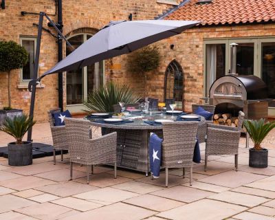 Cambridge 6 Rattan Garden Chairs and Large Round Fire Pit Dining Table in Grey