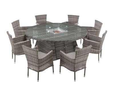 Cambridge 8 Rattan Garden Chairs and Large Round Fire Pit Dining Table in Grey