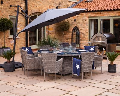 Cambridge 8 Rattan Garden Chairs and Large Round Fire Pit Dining Table in Grey