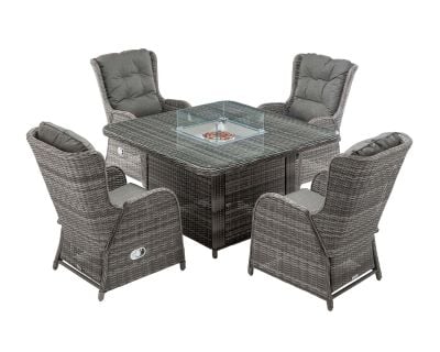Fiji 4 Reclining Rattan Garden Chairs and Square Fire Pit Dining Table in Grey