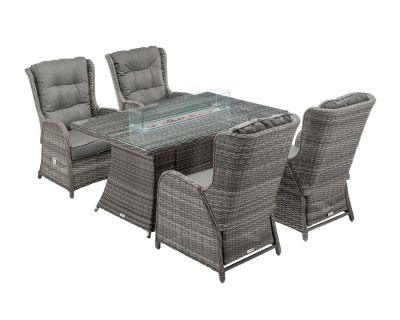 Fiji 4 Reclining Rattan Garden Chairs and Rectangular Fire Pit Dining Table in Grey