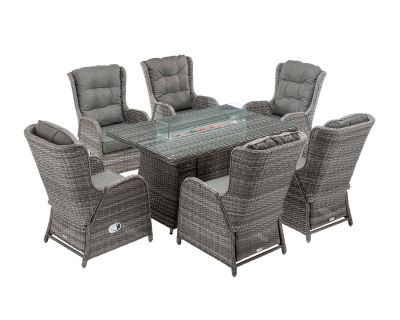Fiji 6 Reclining Rattan Garden Chairs and Rectangular Fire Pit Dining Table in Grey