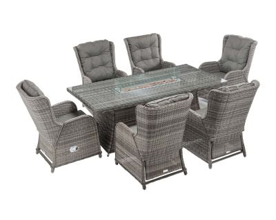 Fiji 6 Reclining Rattan Garden Chairs and Large Rectangular Fire Pit Dining Table in Grey