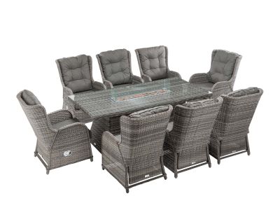 Fiji 8 Reclining Rattan Garden Chairs and Large Rectangular Fire Pit Dining Table in Grey