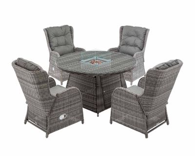Fiji 4 Reclining Rattan Garden Chairs and Round Fire Pit Dining Table in Grey