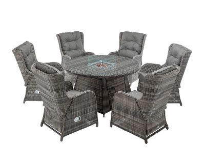 Fiji 6 Reclining Rattan Garden Chairs and Round Fire Pit Dining Table in Grey