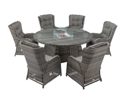Fiji 6 Reclining Rattan Garden Chairs and Large Round Fire Pit Dining Table in Grey