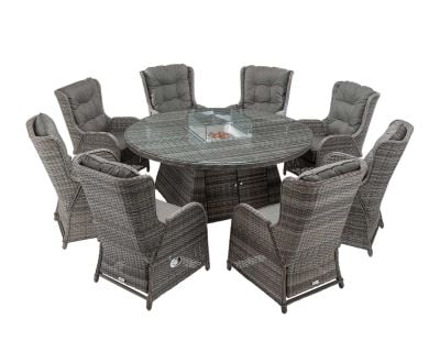 Fiji 8 Reclining Rattan Garden Chairs and Large Round Fire Pit Dining Table in Grey