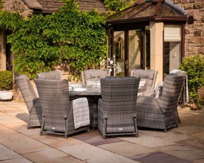 Fiji 8 Reclining Rattan Garden Chairs and Large Round Fire Pit Dining Table in Grey