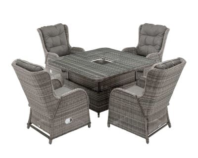 Fiji 4 Reclining Rattan Garden Chairs and Square Ice Bucket Dining Table in Grey