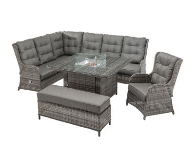 Fiji Reclining Corner Sofa Set with Square Fire Pit Table in Grey