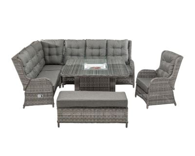 Fiji Reclining Corner Sofa Set with Chair and Square Fire Pit Table in Grey