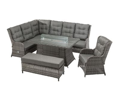 Fiji Reclining Corner Sofa Set with Chair and Rectangular Fire Pit Dining Table in Grey