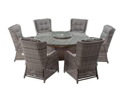 Fiji 6 Reclining Rattan Garden Dining Chairs and Large Round Table with Lazy Susan in Grey
