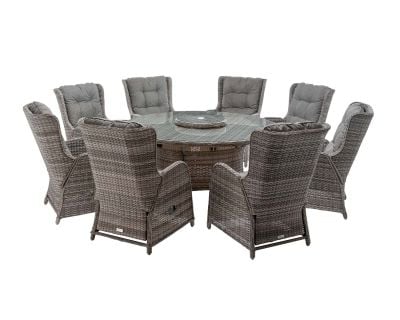 Fiji 8 Reclining Rattan Garden Dining Chairs and Large Round Table with Lazy Susan in Grey