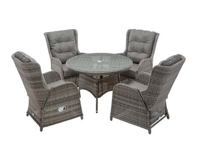 Fiji 4 Reclining Rattan Garden Dining Chairs and Round Table in Grey