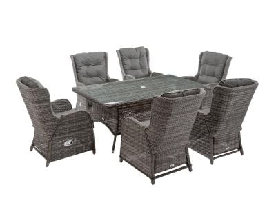 Fiji 6 Reclining Rattan Garden Dining Chairs and Large Rectangular Table in Grey