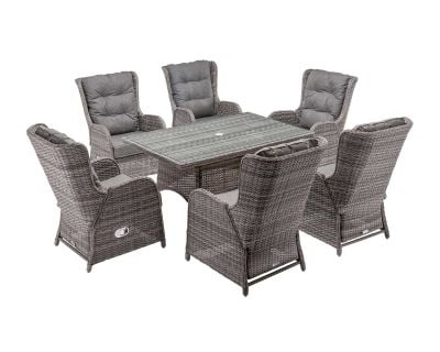 Fiji 6 Reclining Rattan Garden Dining Chairs and Rectangular Table in Grey