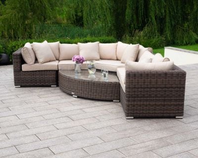 Florida 6 Piece Angled Rattan Garden Corner Sofa Set in Premium Truffle Brown and Champagne