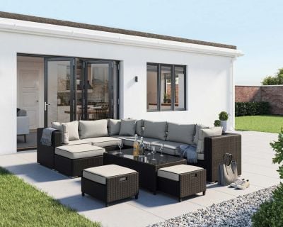 Geneva 10 Piece Rattan Garden Corner Sofa Set in Black and Vanilla