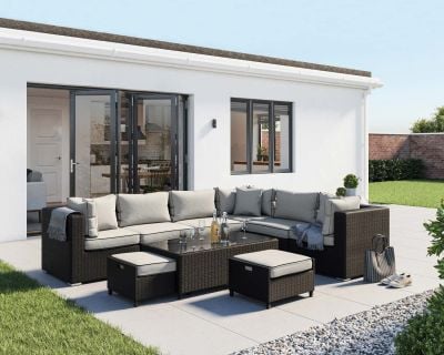 Geneva 9 Piece Rattan Garden Corner Sofa Set in Black and Vanilla