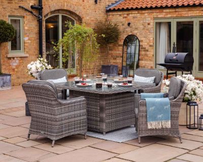 Lyon 4 Rattan Garden Chairs and Square Fire Pit Dining Table in Grey