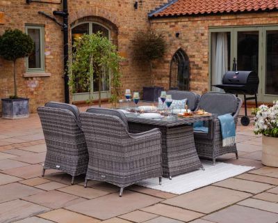 Lyon 4 Rattan Garden Chairs and Rectangular Fire Pit Dining Table in Grey