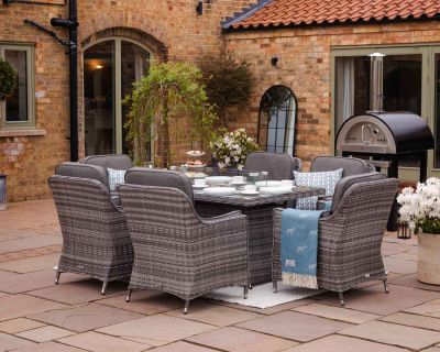 Lyon 6 Rattan Garden Chairs and Rectangular Fire Pit Dining Table in Grey